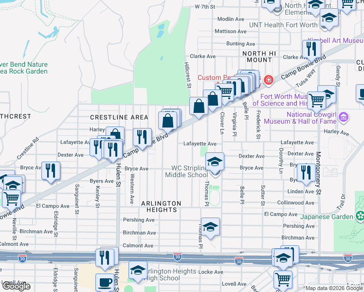 map of restaurants, bars, coffee shops, grocery stores, and more near 2000 Hillcrest Street in Fort Worth