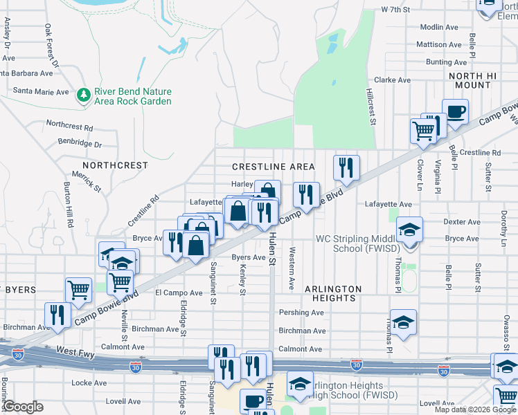map of restaurants, bars, coffee shops, grocery stores, and more near 4633 Dexter Avenue in Fort Worth