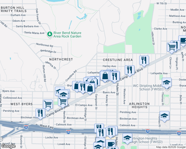map of restaurants, bars, coffee shops, grocery stores, and more near 4809 Dexter Avenue in Fort Worth