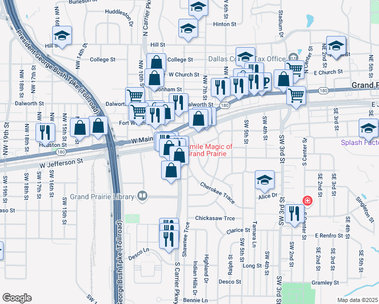 map of restaurants, bars, coffee shops, grocery stores, and more near 250 Shawnee Trce in Grand Prairie