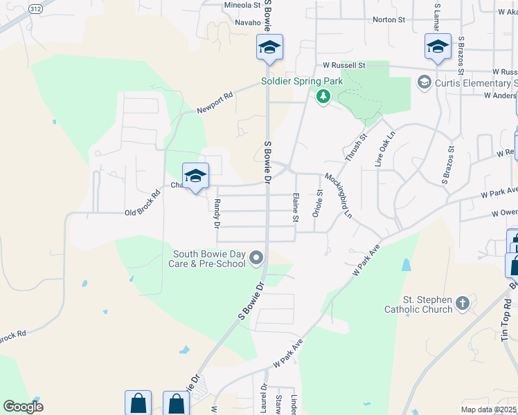 map of restaurants, bars, coffee shops, grocery stores, and more near 1204 Julie Street in Weatherford