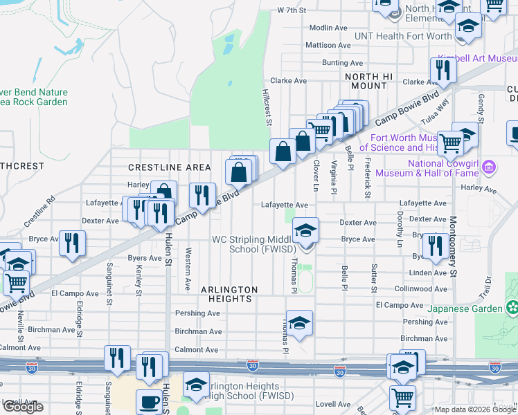 map of restaurants, bars, coffee shops, grocery stores, and more near 2000 Hillcrest Street in Fort Worth