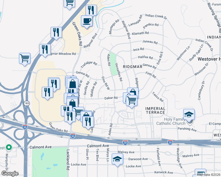 map of restaurants, bars, coffee shops, grocery stores, and more near 6500 Dakar Road in Fort Worth