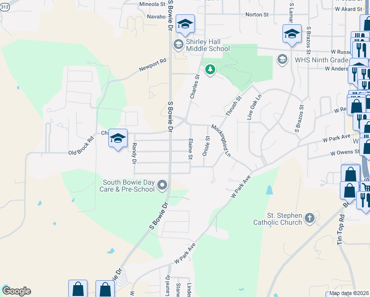 map of restaurants, bars, coffee shops, grocery stores, and more near 1106 Kay Drive in Weatherford