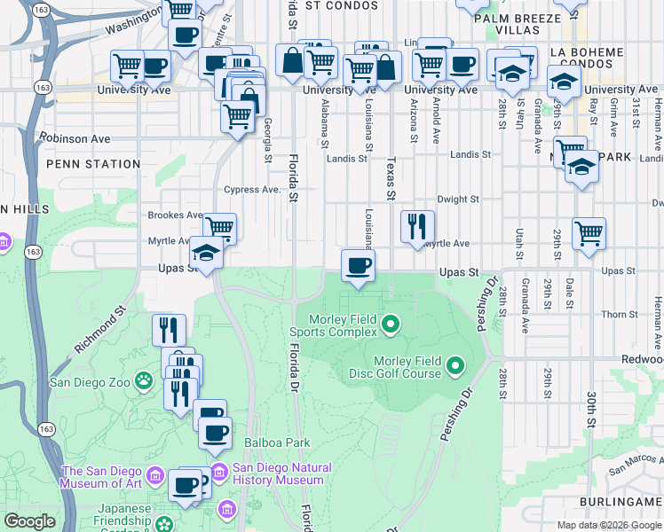 map of restaurants, bars, coffee shops, grocery stores, and more near 2114 Upas Street in San Diego