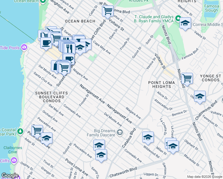 map of restaurants, bars, coffee shops, grocery stores, and more near 4499 Niagara Avenue in San Diego
