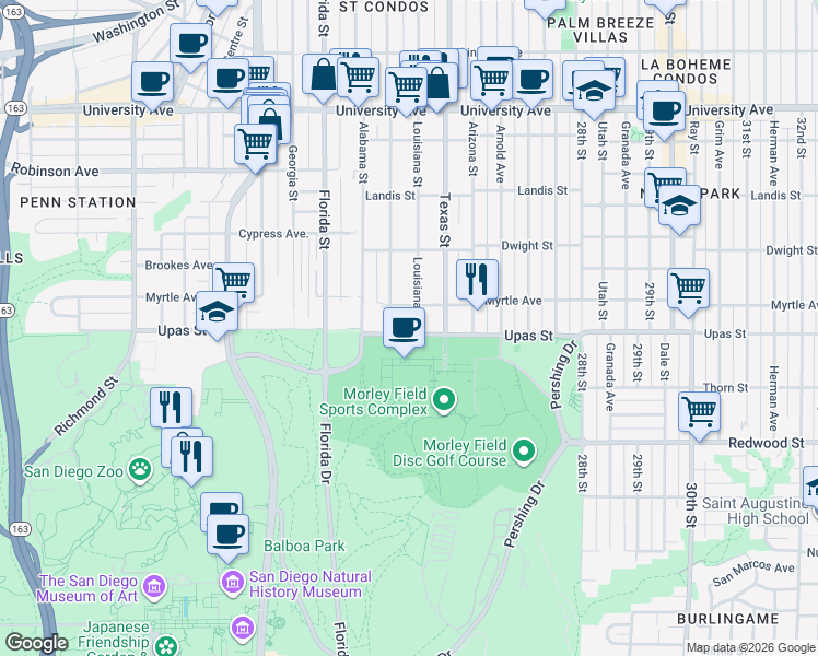 map of restaurants, bars, coffee shops, grocery stores, and more near 2201 Upas Street in San Diego
