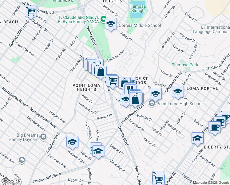 map of restaurants, bars, coffee shops, grocery stores, and more near 2150 Worden Street in San Diego