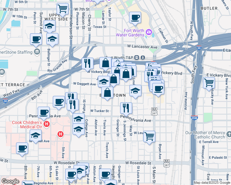 map of restaurants, bars, coffee shops, grocery stores, and more near 420 Hemphill Street in Fort Worth