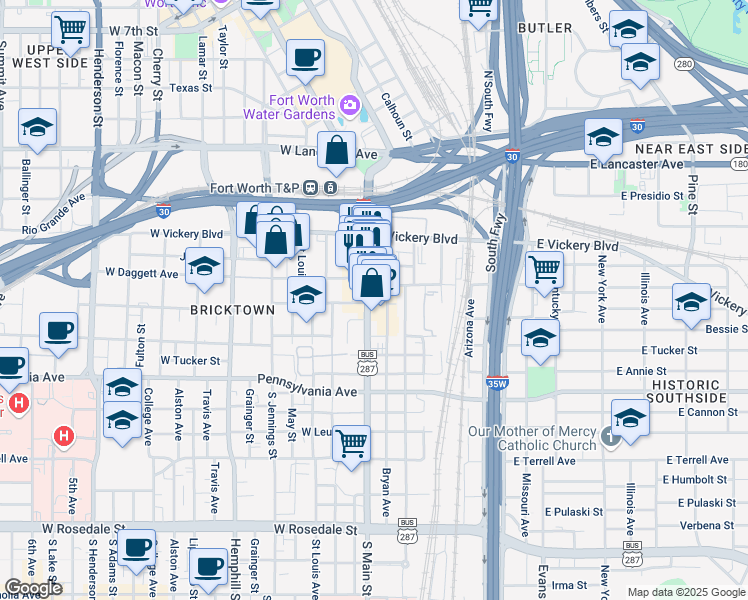 map of restaurants, bars, coffee shops, grocery stores, and more near 200 South Main Street in Fort Worth