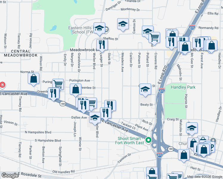 map of restaurants, bars, coffee shops, grocery stores, and more near 2620 Meaders Avenue in Fort Worth