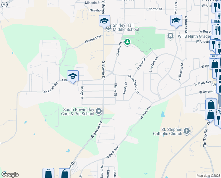 map of restaurants, bars, coffee shops, grocery stores, and more near 1106 Julie Street in Weatherford