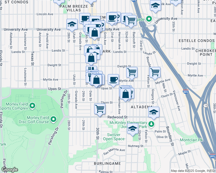 map of restaurants, bars, coffee shops, grocery stores, and more near 3080 Myrtle Avenue in San Diego