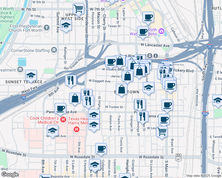 map of restaurants, bars, coffee shops, grocery stores, and more near 302 Lipscomb Street in Fort Worth