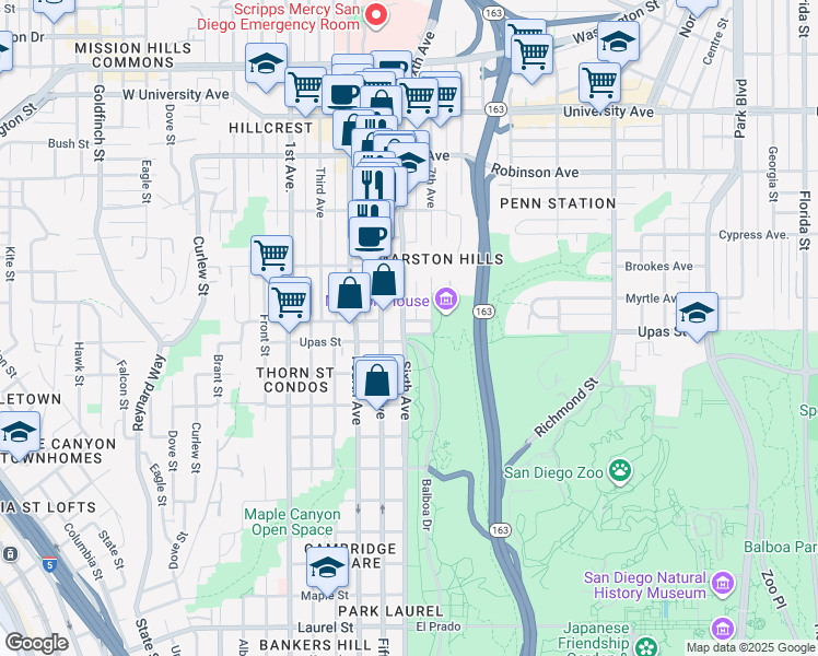 map of restaurants, bars, coffee shops, grocery stores, and more near 3415 Sixth Avenue in San Diego