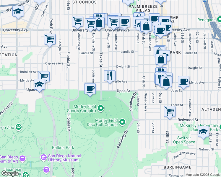 map of restaurants, bars, coffee shops, grocery stores, and more near 3405 Arizona Street in San Diego