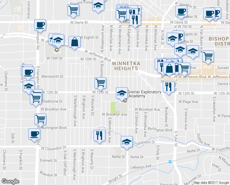 map of restaurants, bars, coffee shops, grocery stores, and more near West 12th Street in Dallas
