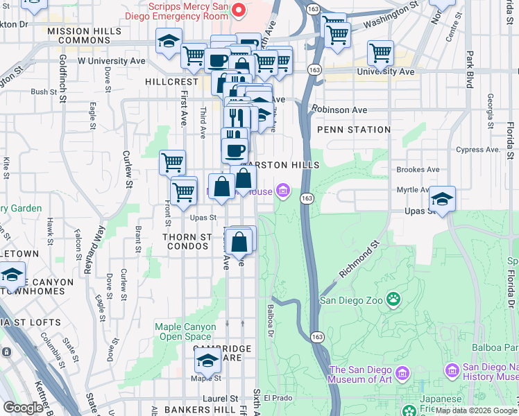 map of restaurants, bars, coffee shops, grocery stores, and more near 3415 Sixth Avenue in San Diego