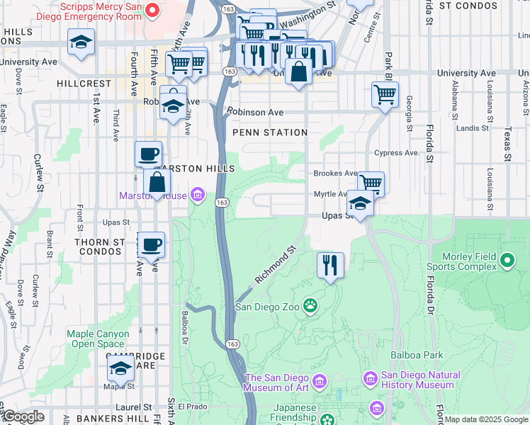 map of restaurants, bars, coffee shops, grocery stores, and more near 1010 Myrtle Way in San Diego