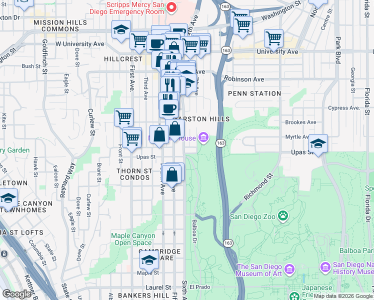 map of restaurants, bars, coffee shops, grocery stores, and more near 3415 Sixth Avenue in San Diego