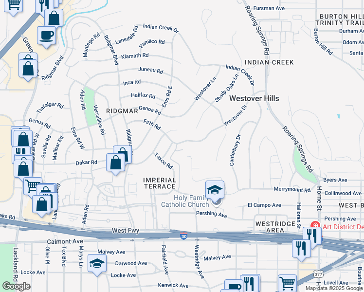 map of restaurants, bars, coffee shops, grocery stores, and more near 1705 Dakar Road East in Fort Worth