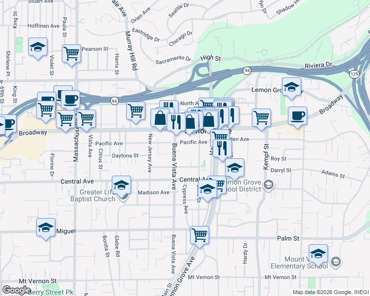 map of restaurants, bars, coffee shops, grocery stores, and more near 7663 Broadway in Lemon Grove