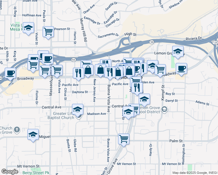 map of restaurants, bars, coffee shops, grocery stores, and more near 3342 Buena Vista Avenue in Lemon Grove