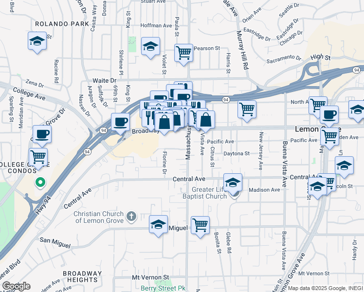 map of restaurants, bars, coffee shops, grocery stores, and more near 7161 Broadway in Lemon Grove