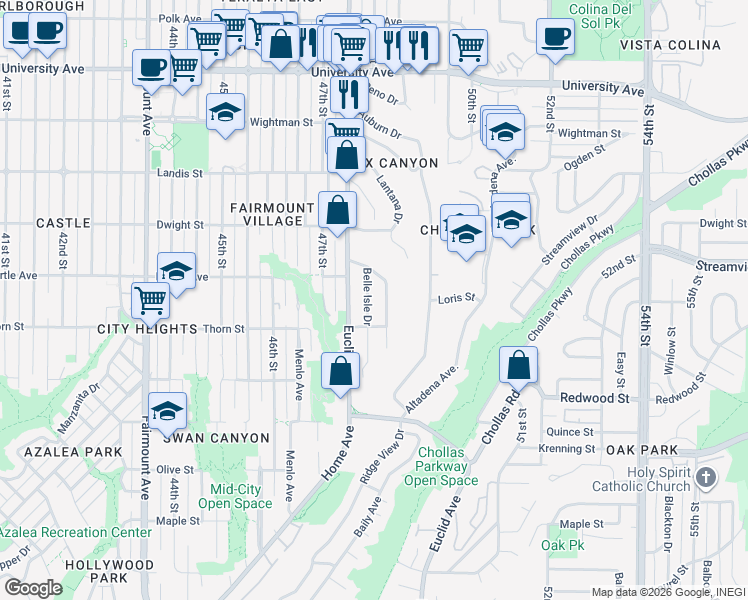 map of restaurants, bars, coffee shops, grocery stores, and more near 3442 Belle Isle Drive in San Diego
