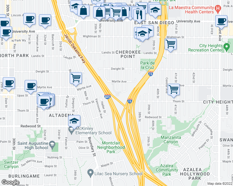 map of restaurants, bars, coffee shops, grocery stores, and more near 3421 36th Street in San Diego