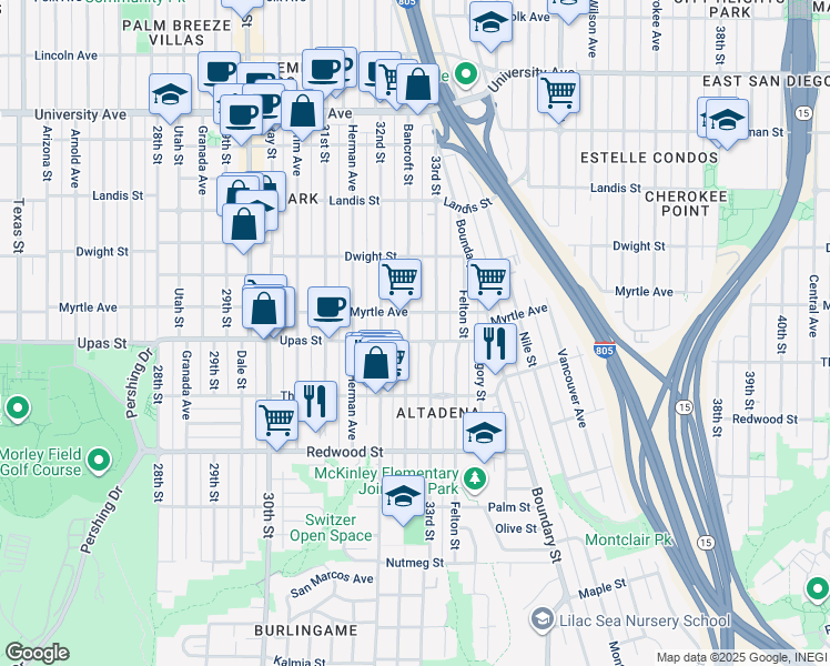 map of restaurants, bars, coffee shops, grocery stores, and more near 3504 33rd Street in San Diego
