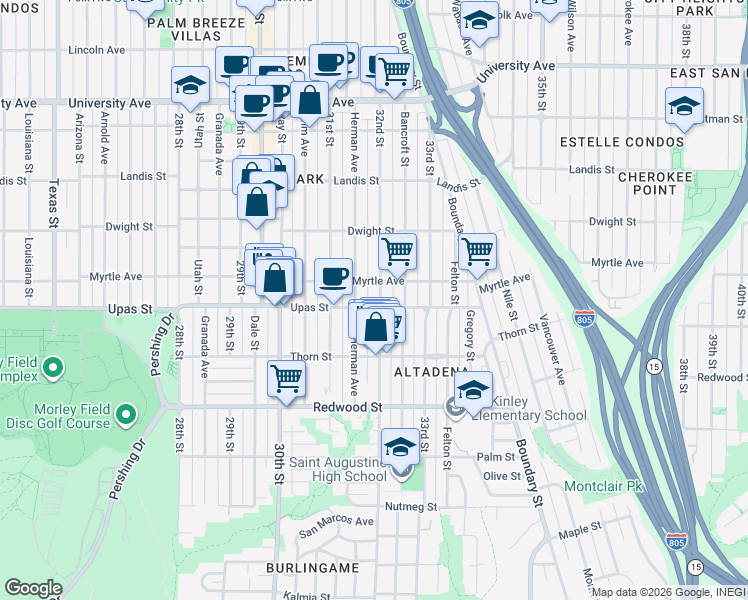 map of restaurants, bars, coffee shops, grocery stores, and more near 3501 Herman Avenue in San Diego