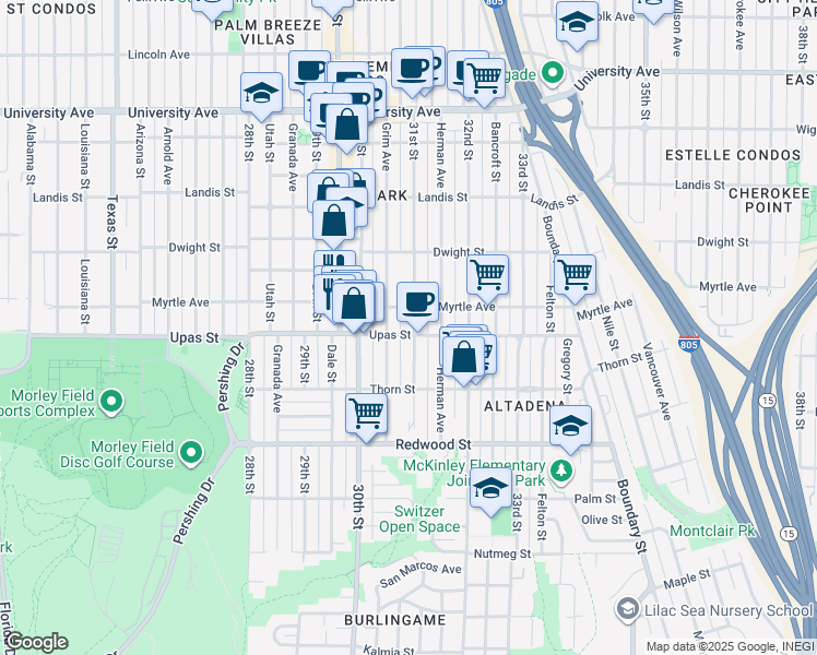 map of restaurants, bars, coffee shops, grocery stores, and more near 3080 Myrtle Avenue in San Diego