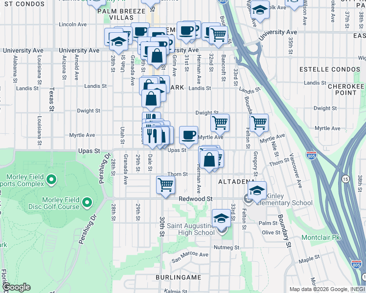 map of restaurants, bars, coffee shops, grocery stores, and more near 3080 Myrtle Avenue in San Diego