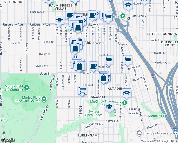 map of restaurants, bars, coffee shops, grocery stores, and more near 3080 Myrtle Avenue in San Diego