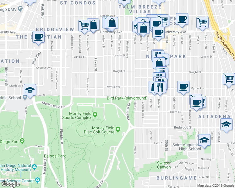 map of restaurants, bars, coffee shops, grocery stores, and more near 3447 Arnold Avenue in San Diego