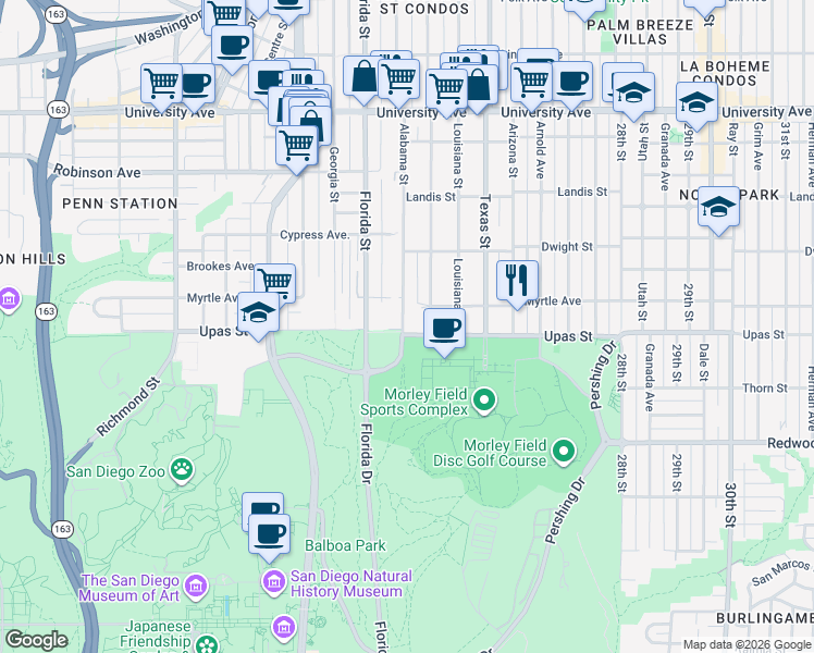 map of restaurants, bars, coffee shops, grocery stores, and more near 3438 Alabama Street in San Diego
