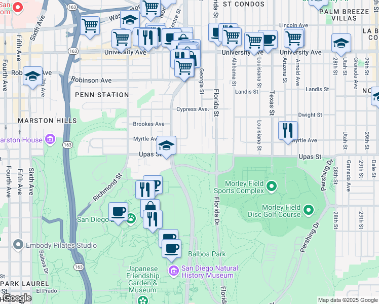 map of restaurants, bars, coffee shops, grocery stores, and more near 3430 Georgia Street in San Diego