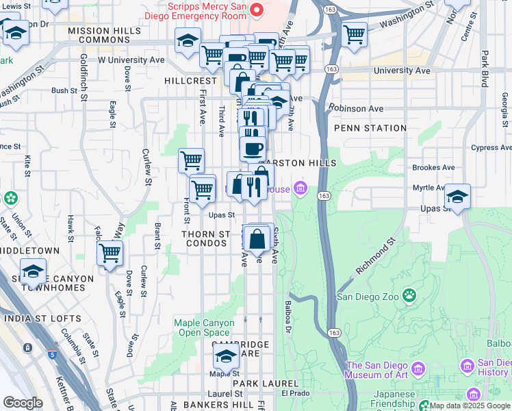 map of restaurants, bars, coffee shops, grocery stores, and more near 3534 Fifth Avenue in San Diego