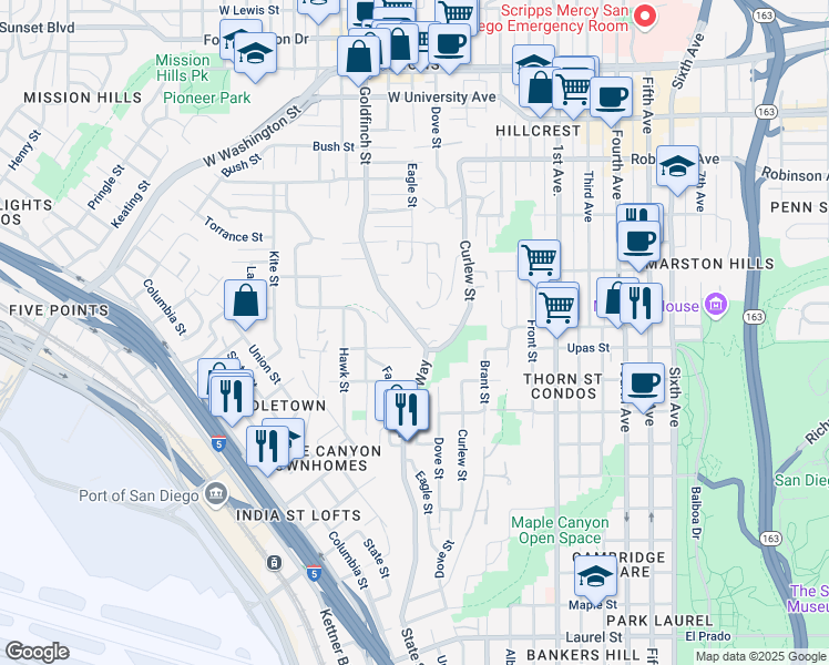 map of restaurants, bars, coffee shops, grocery stores, and more near 3493 Reynard Way in San Diego