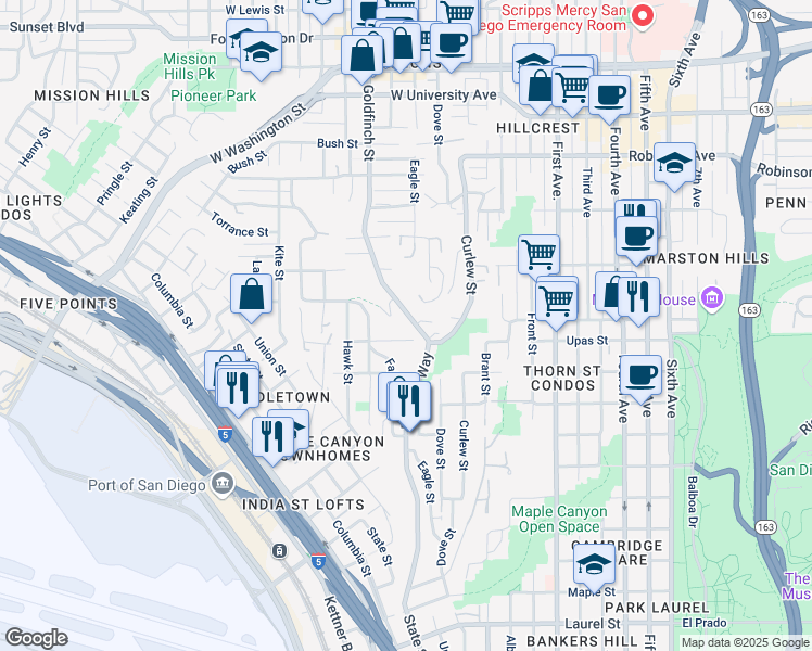 map of restaurants, bars, coffee shops, grocery stores, and more near 3493 Reynard Way in San Diego