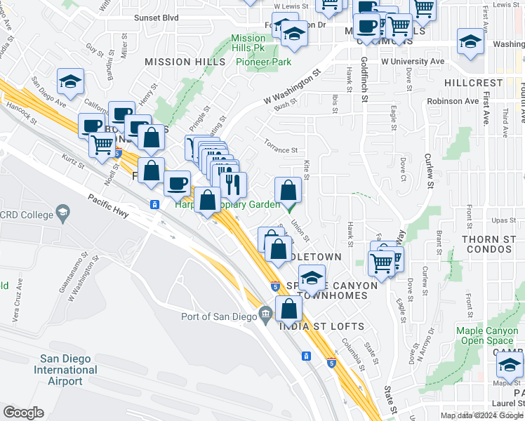 map of restaurants, bars, coffee shops, grocery stores, and more near 1503 Glenwood Drive in San Diego