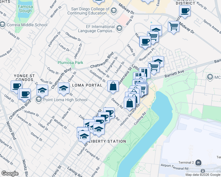 map of restaurants, bars, coffee shops, grocery stores, and more near 2756 Locust Street in San Diego