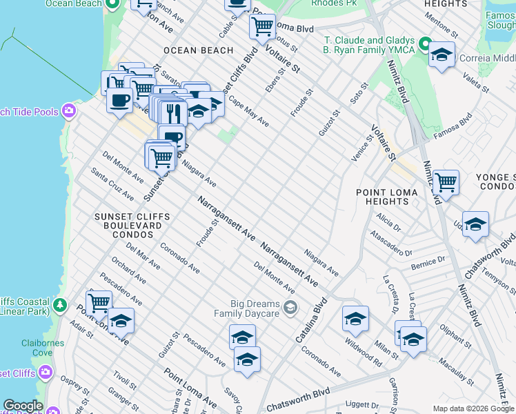 map of restaurants, bars, coffee shops, grocery stores, and more near 4538 Newport Avenue in San Diego