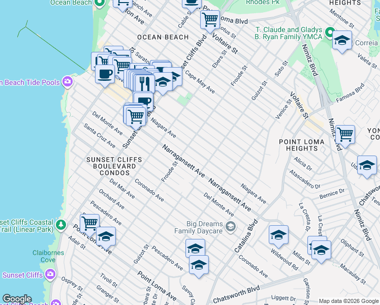 map of restaurants, bars, coffee shops, grocery stores, and more near 1865 Froude Street in San Diego