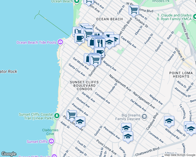 map of restaurants, bars, coffee shops, grocery stores, and more near 4760 Del Monte Avenue in San Diego