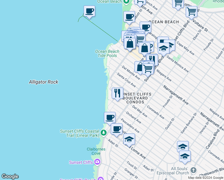 map of restaurants, bars, coffee shops, grocery stores, and more near 1627 Ocean Front Street in San Diego