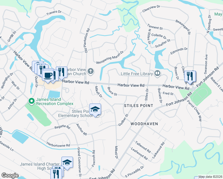 map of restaurants, bars, coffee shops, grocery stores, and more near 853 Waterloo Street in Charleston