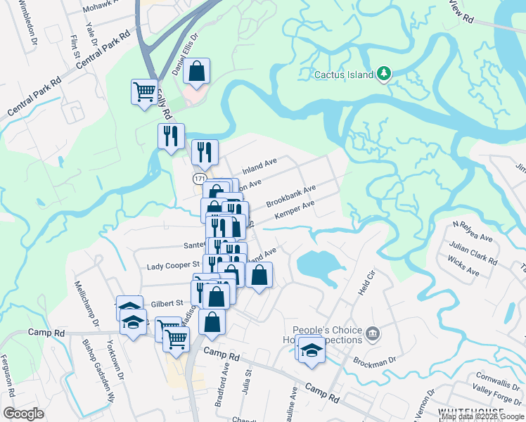 map of restaurants, bars, coffee shops, grocery stores, and more near 1552 Brookbank Avenue in Charleston