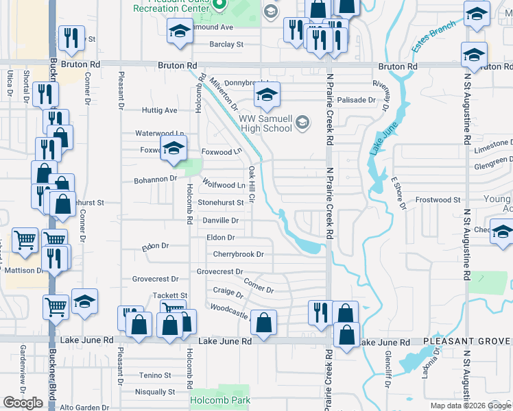 map of restaurants, bars, coffee shops, grocery stores, and more near 1741 Oak Hill Circle in Dallas